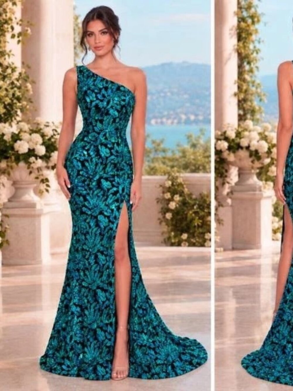 Sophia Thomas Black Turquoise Soft Sequin One Shoulder Gown